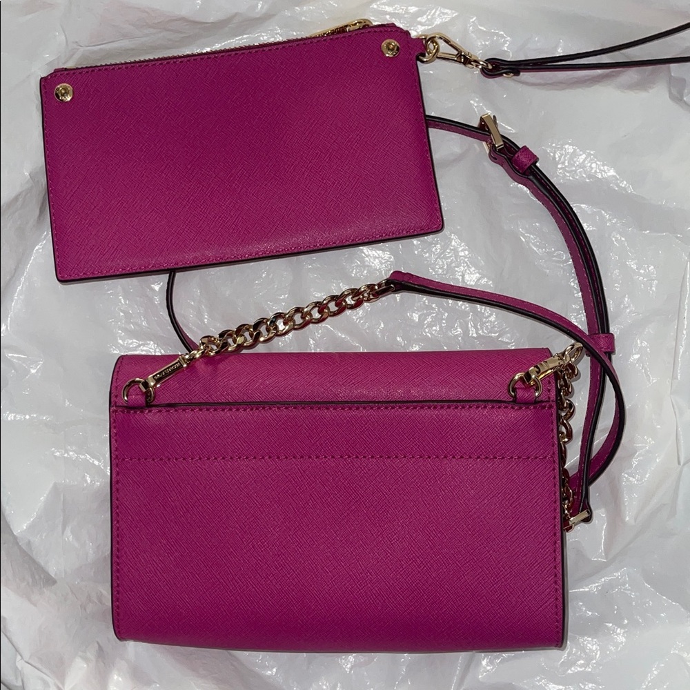 Michael Kors Leather Purse Crossbody Shoulder Strap Pink (Hot Rose) wristlet - Picture 4 of 10